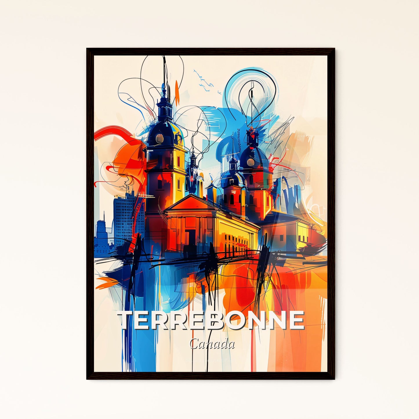 Vibrant Terrebonne, Canada - A Painting Of A Building With Towers And A City In The Background