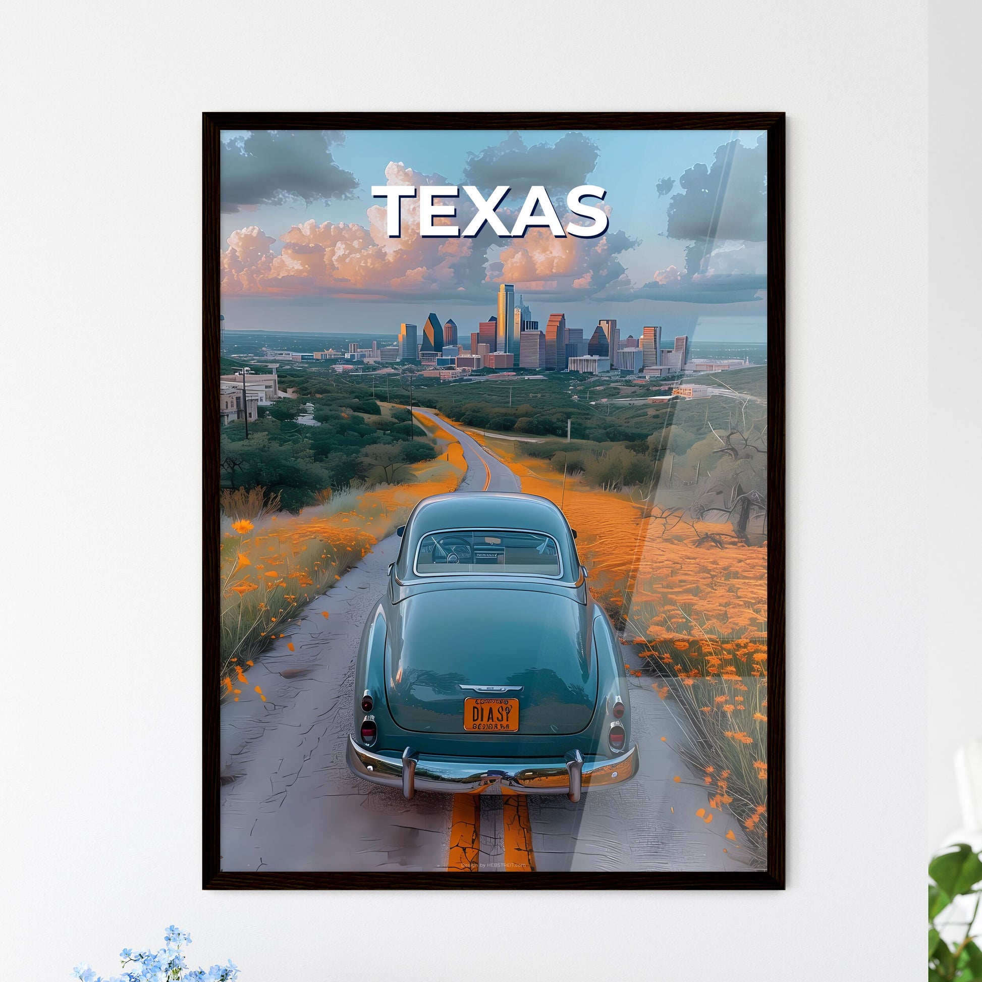 Grunge painting of a car on a road with orange flowers in Texas, USA, with a city in the background