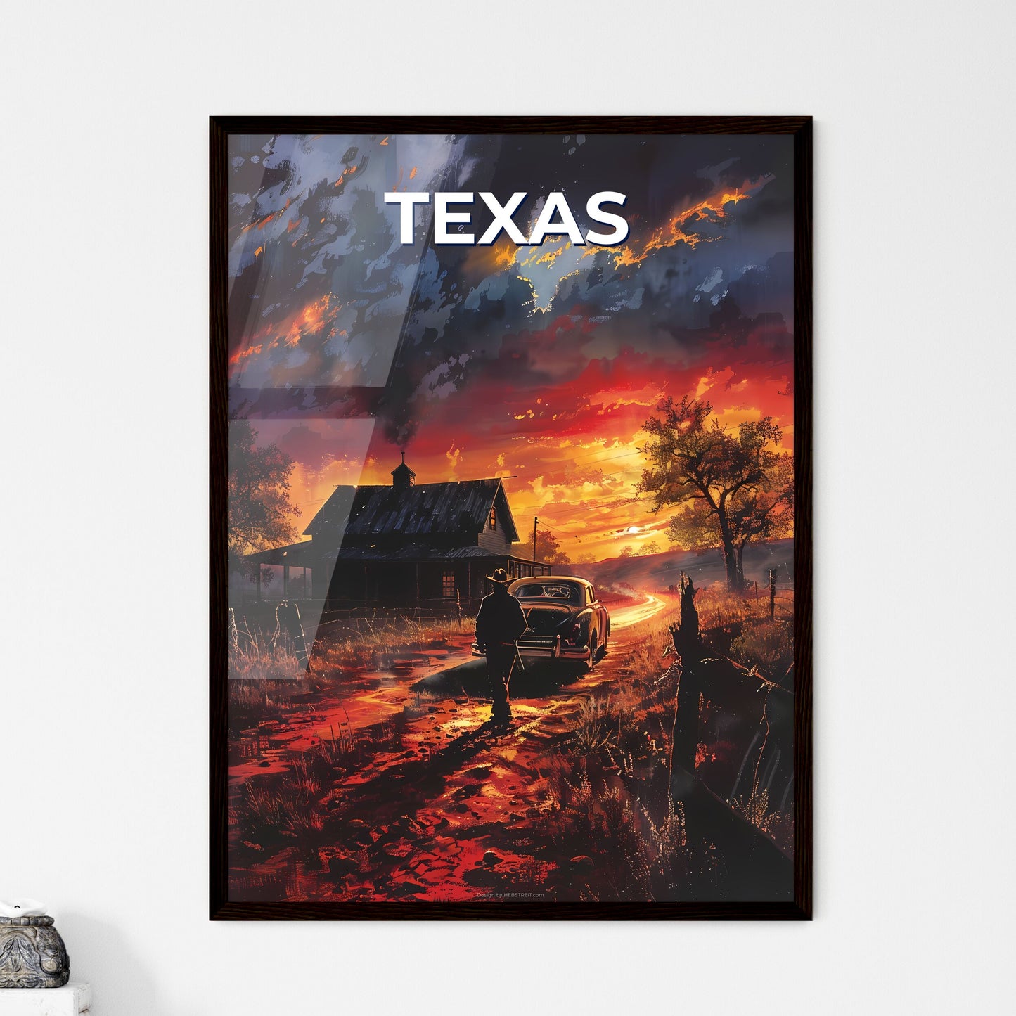 Artful Texas Landscape: Vibrant Painting Depicting Man on Dirt Road, Car, and House