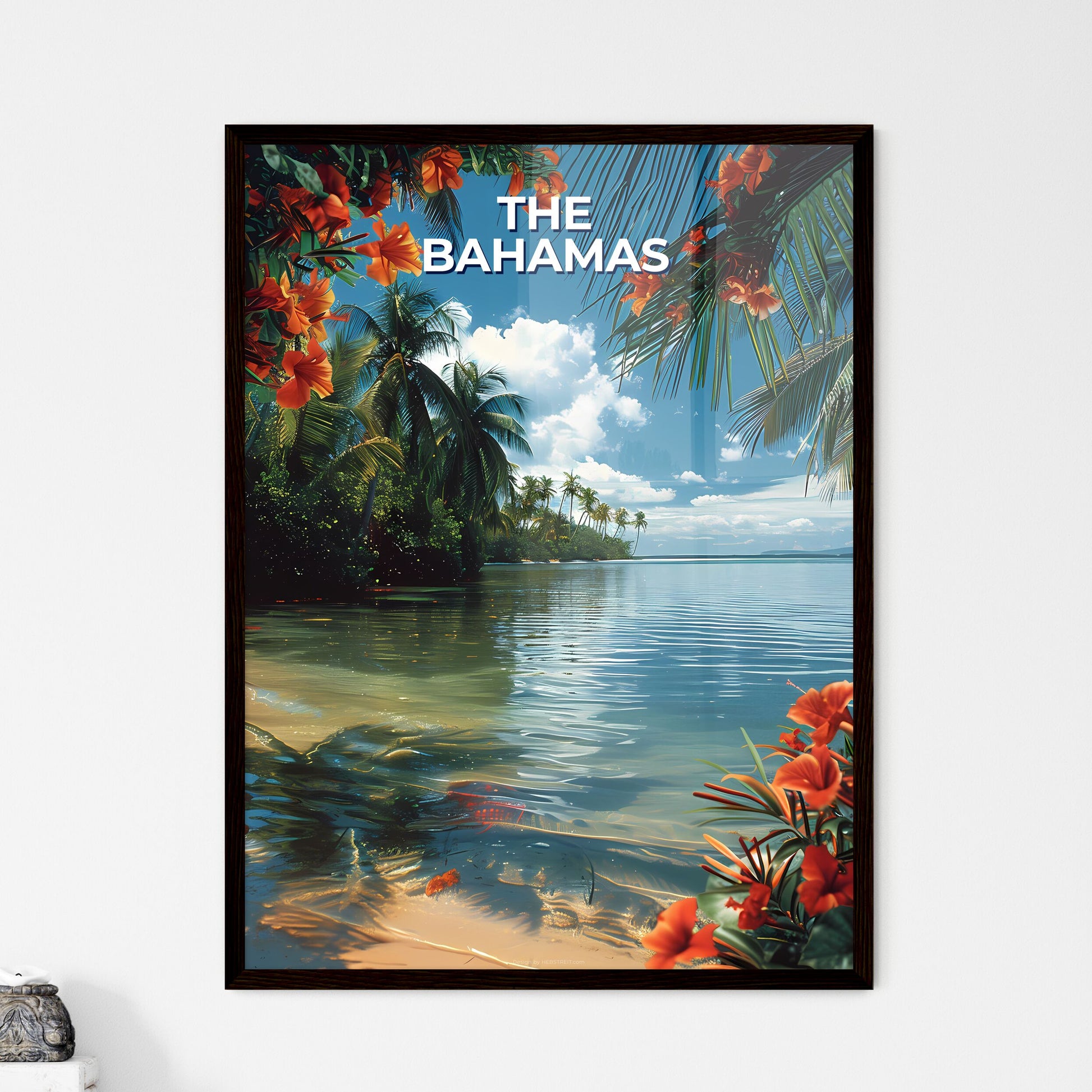 Tropical Beach with Palm Trees and Orange Fl - Framed Art Print
