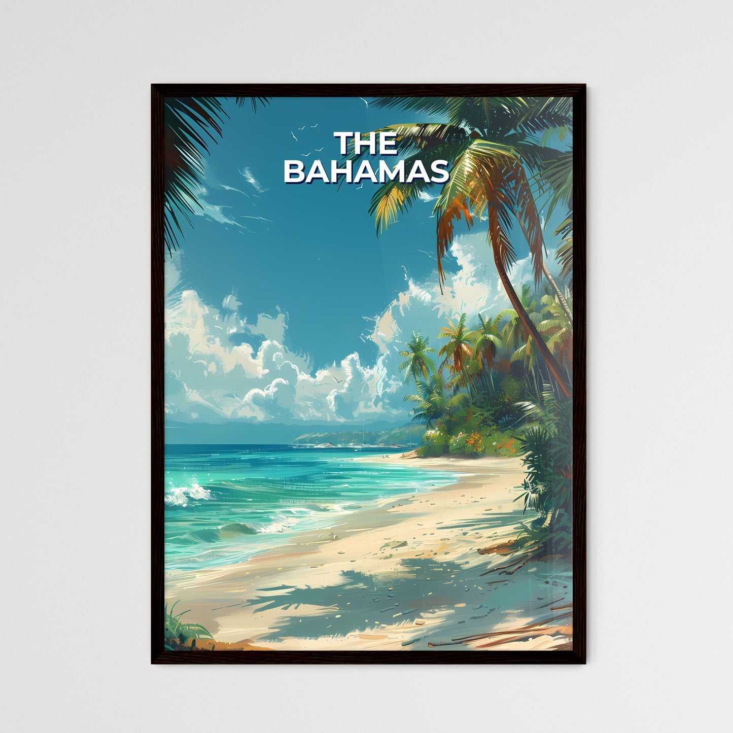 Colorful ocean beach scene painting with pal - Framed Art Print