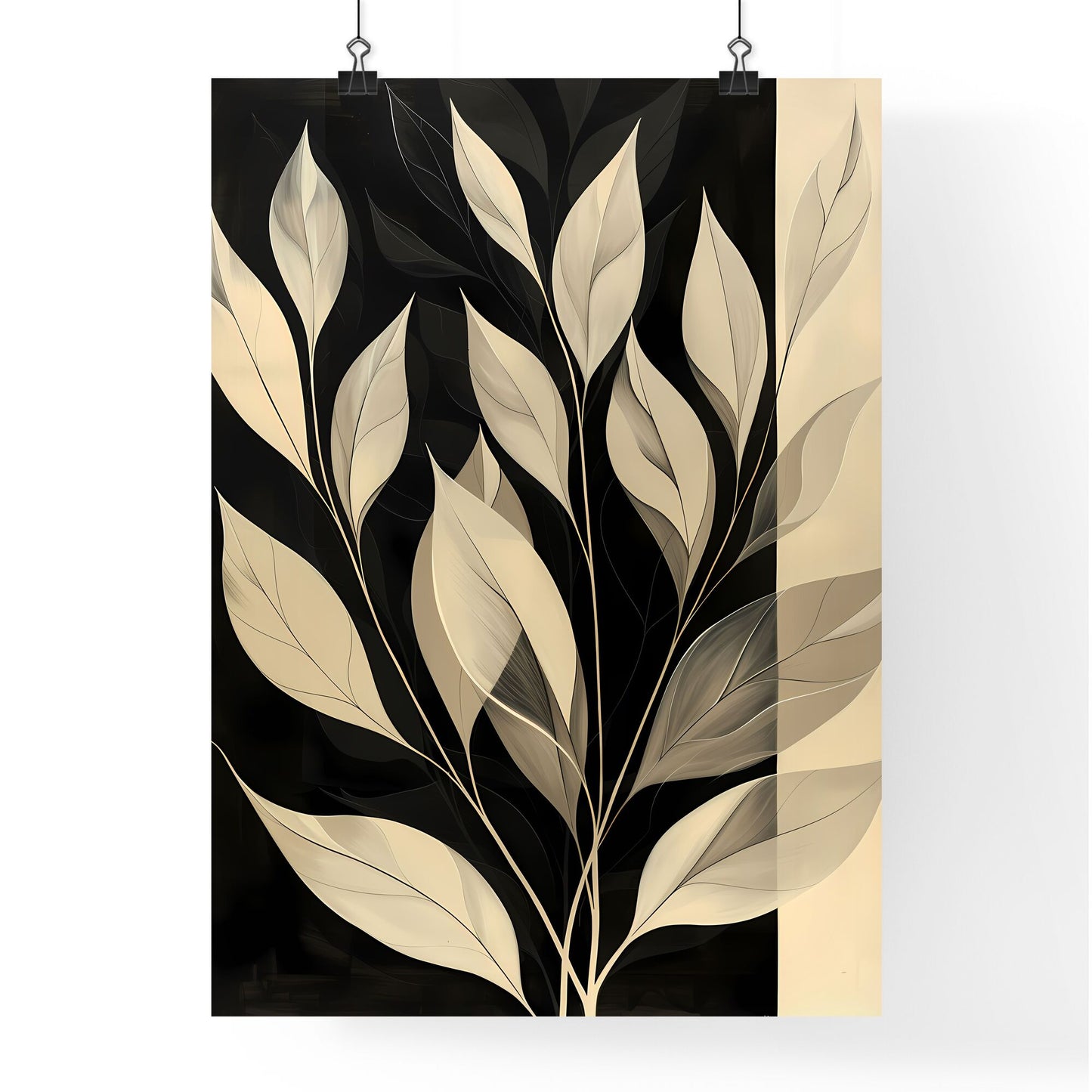 Vibrant Black and White Abstract Leaf Painting: Beige, Organic Shapes, Wavy Lines, Holotone, Bold Stencil, Close-Up Default Title