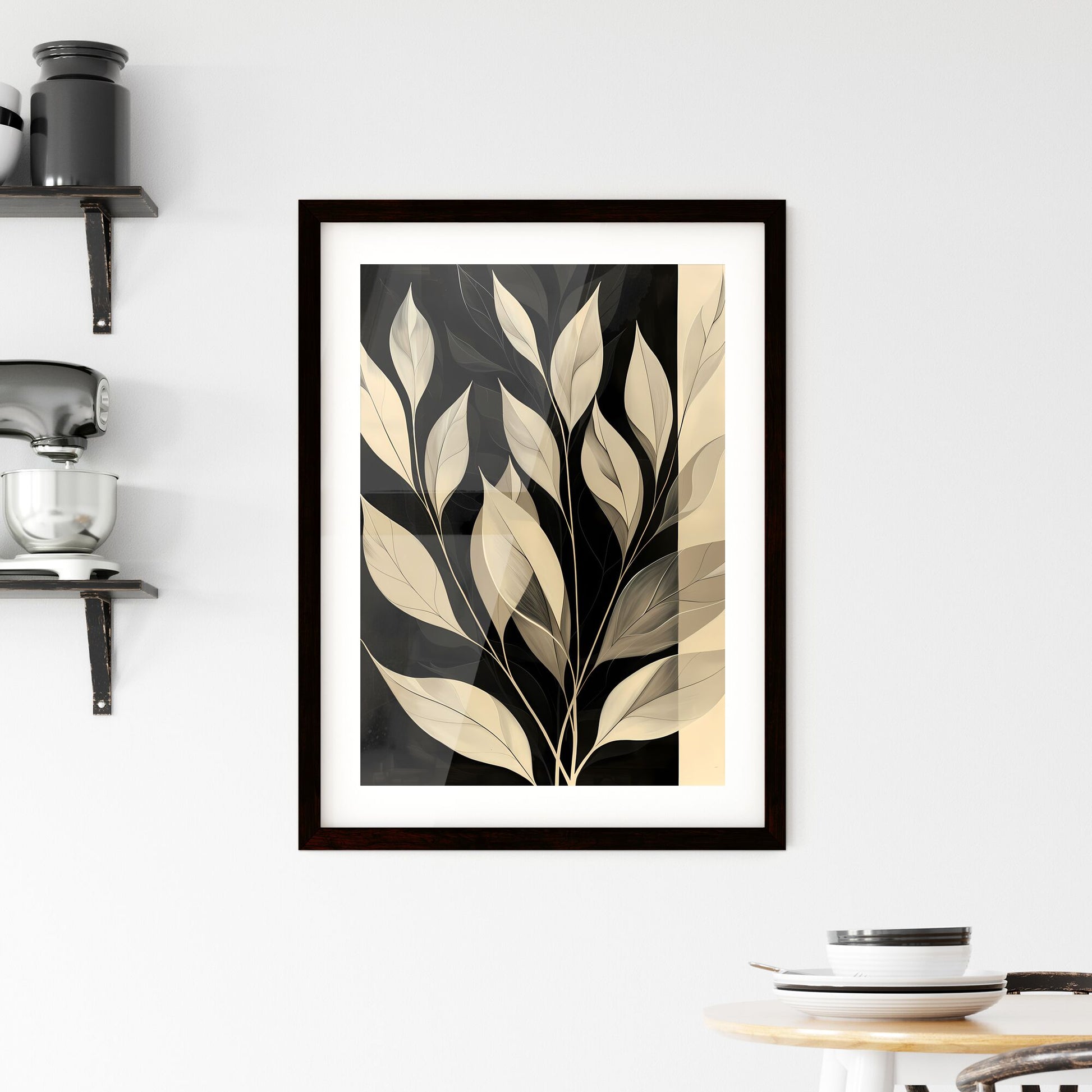 Vibrant Black and White Abstract Leaf Painting: Beige, Organic Shapes, Wavy Lines, Holotone, Bold Stencil, Close-Up Default Title