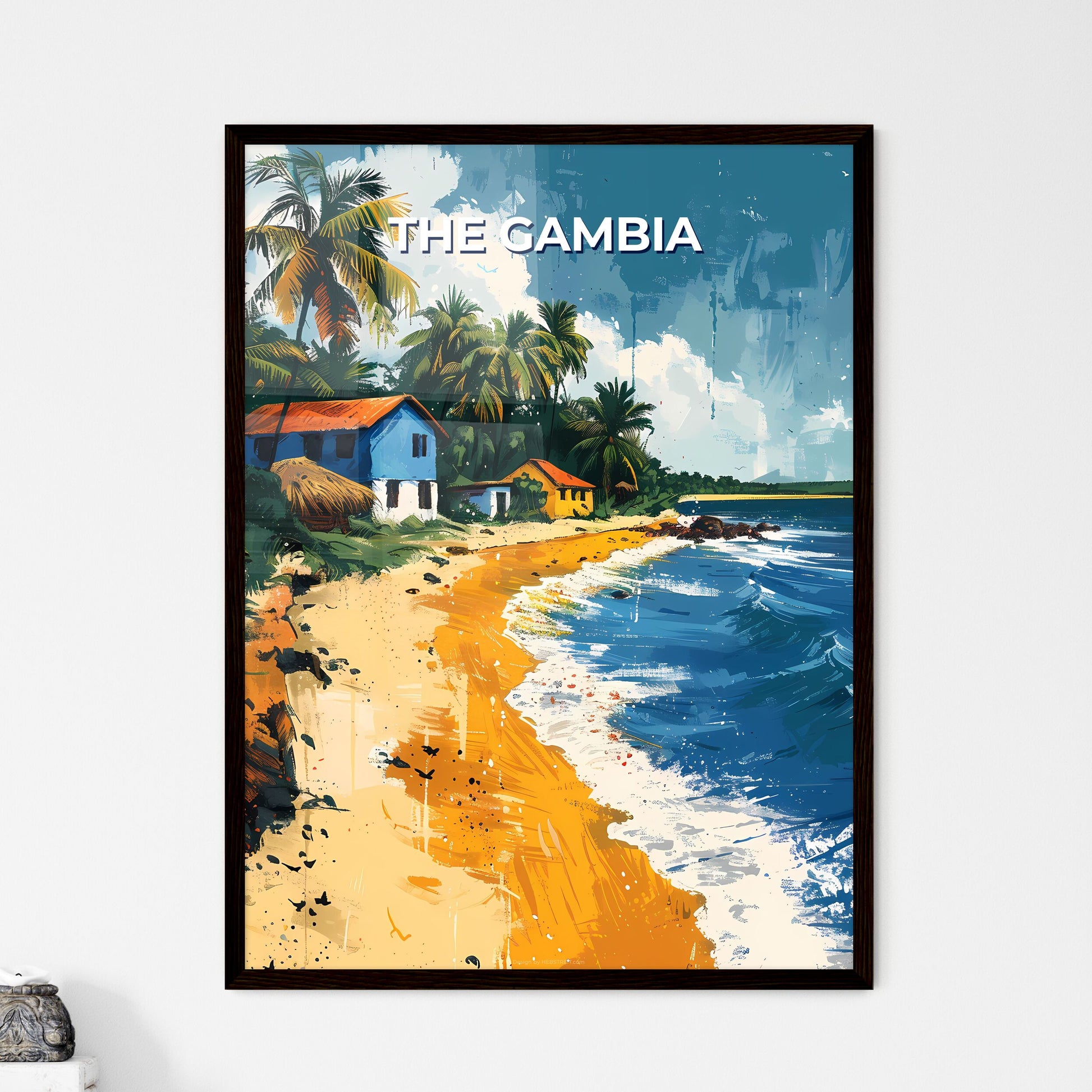 Vibrant African Art: The Gambia Beach Scene with Houses and Palm Trees