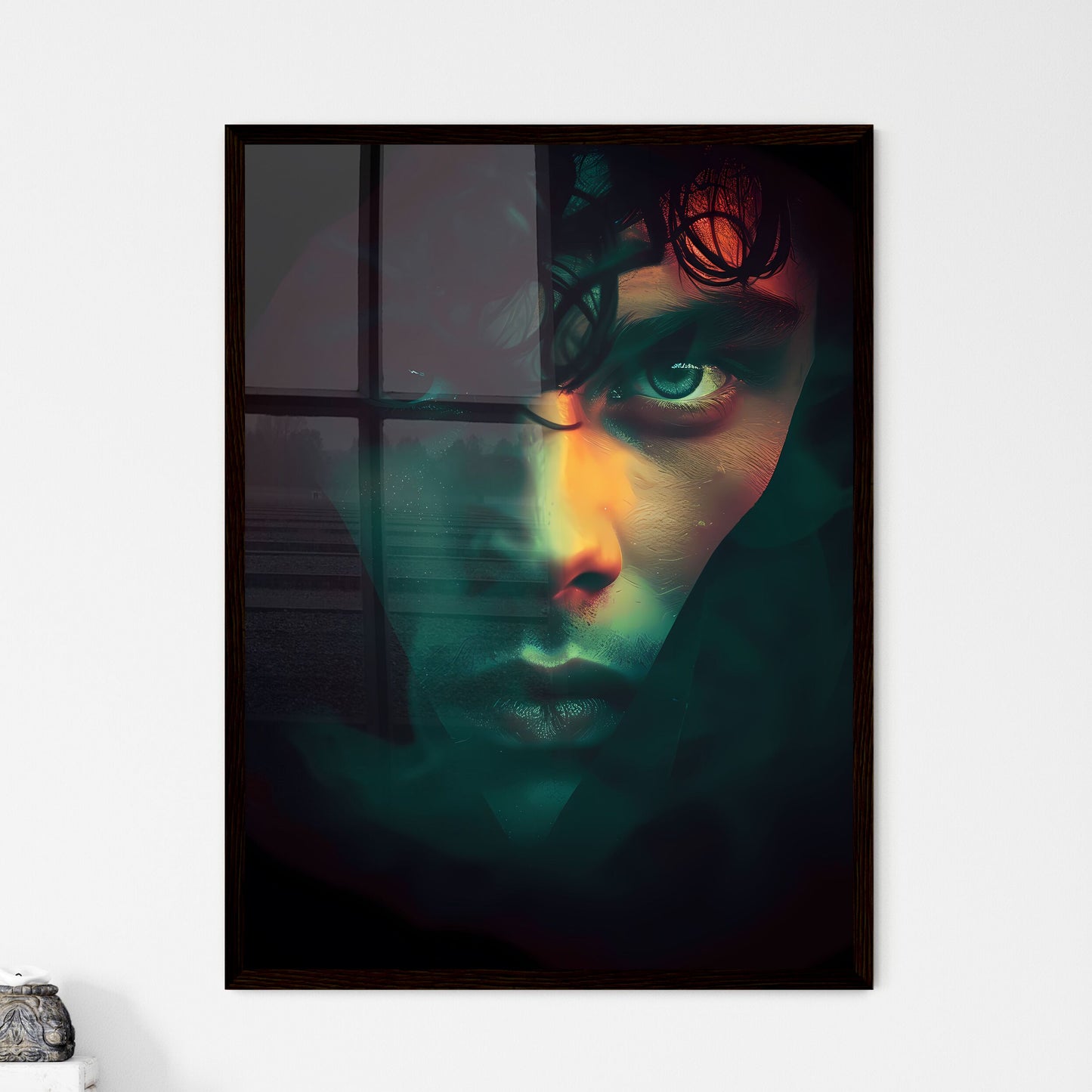 Vibrant Art Painting of a Silhouette Head with Dark Hair and Green Eyes on Black Background Default Title