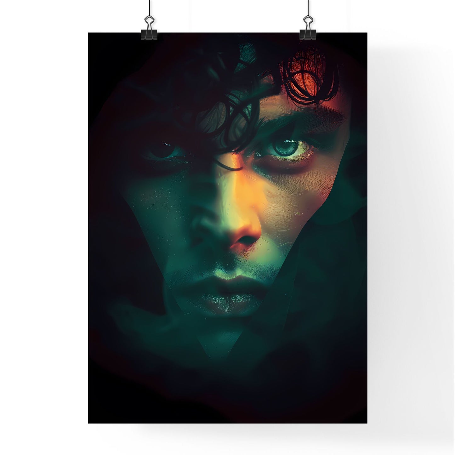 Vibrant Art Painting of a Silhouette Head with Dark Hair and Green Eyes on Black Background Default Title