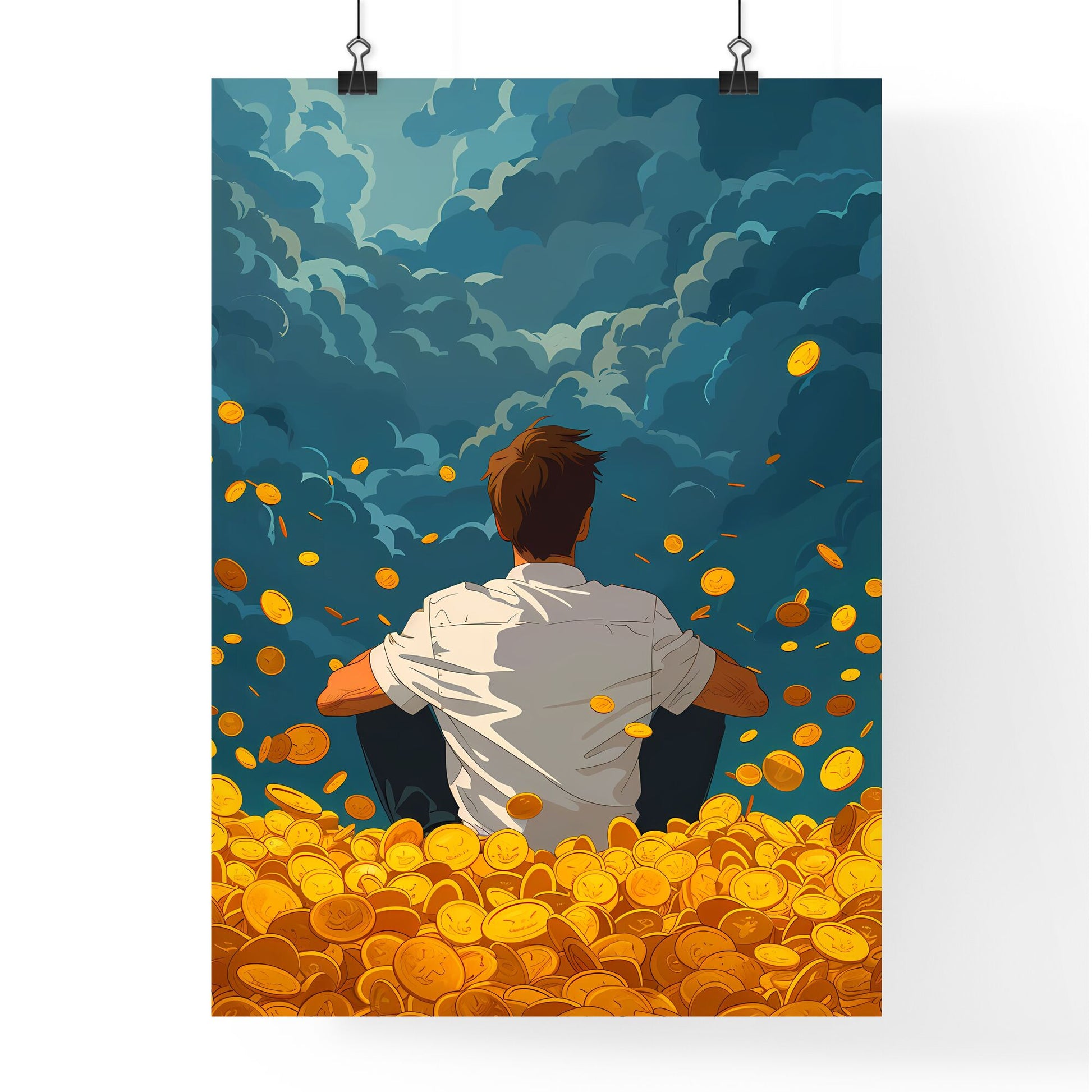 Financial Independence Through Passive Income: Artful Depiction of a Man in a Coin Pile Default Title