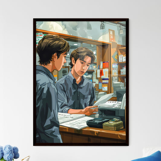 Vibrant Painting Depicting Two Men Examining Documents: Colorful Art Collaboration Default Title