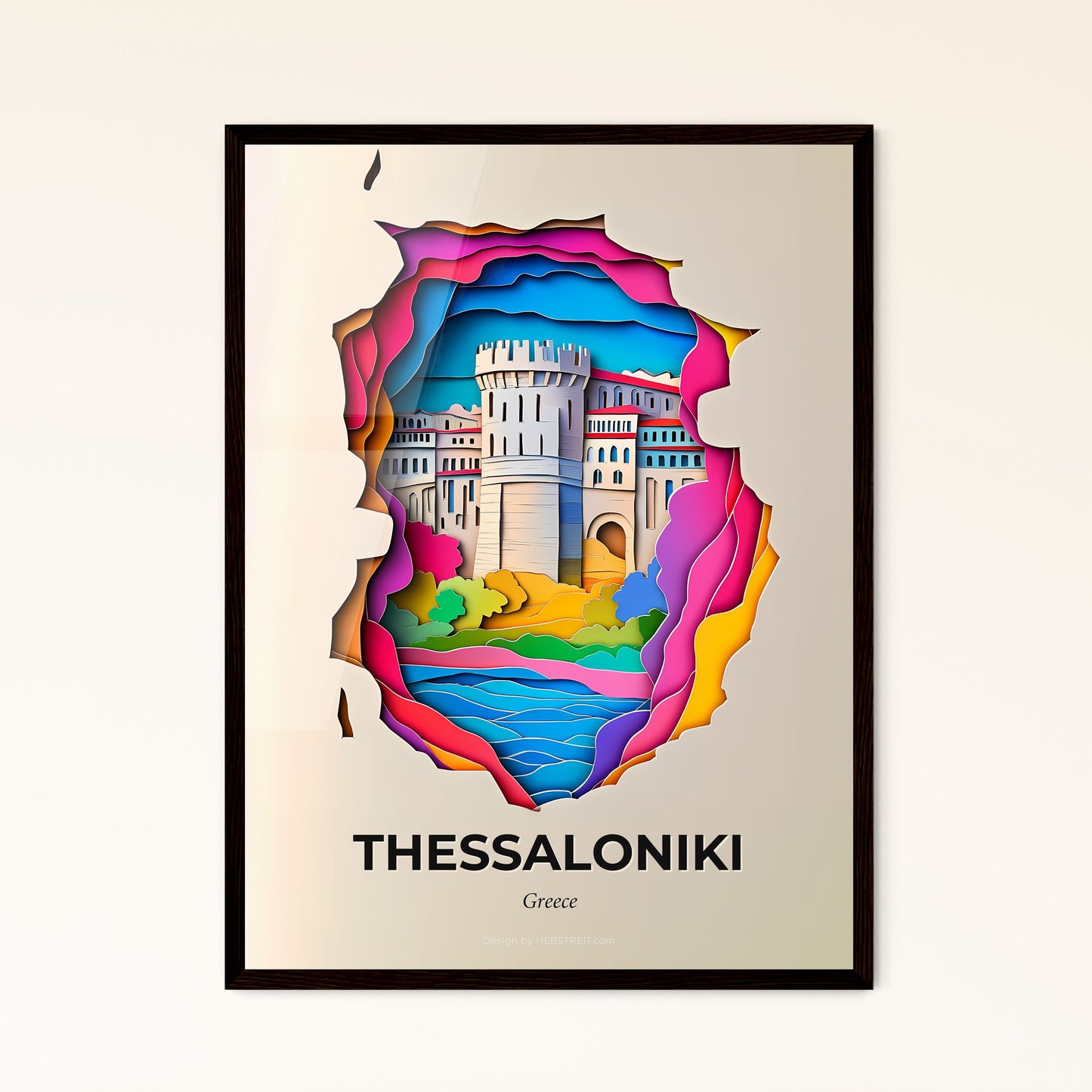 Vivid  Thessaloniki, Greece - a castle is seen through a hole in a paper cutout