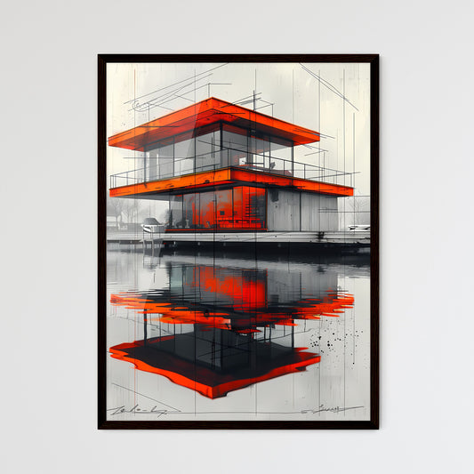 Striking Architectural Artwork: Vibrant Orange and Red Painting of a Modern Building on the Dock with Nautical Precision and Sketchfab Details Framed Art