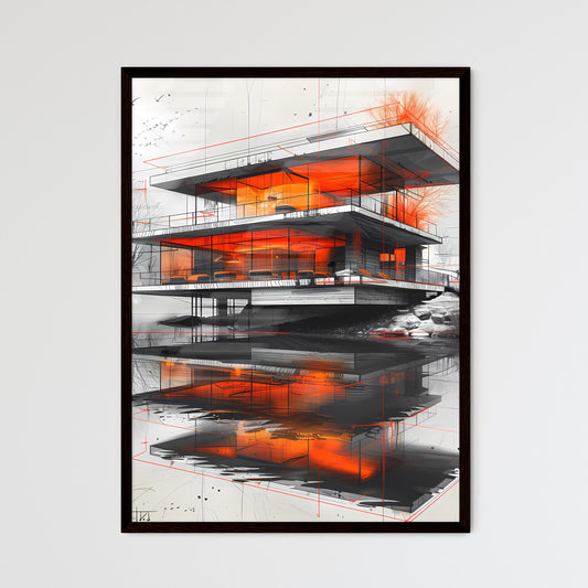 Modern Architectural Painting: Vibrant Orange and Red House with Nautical Reflections Framed Art