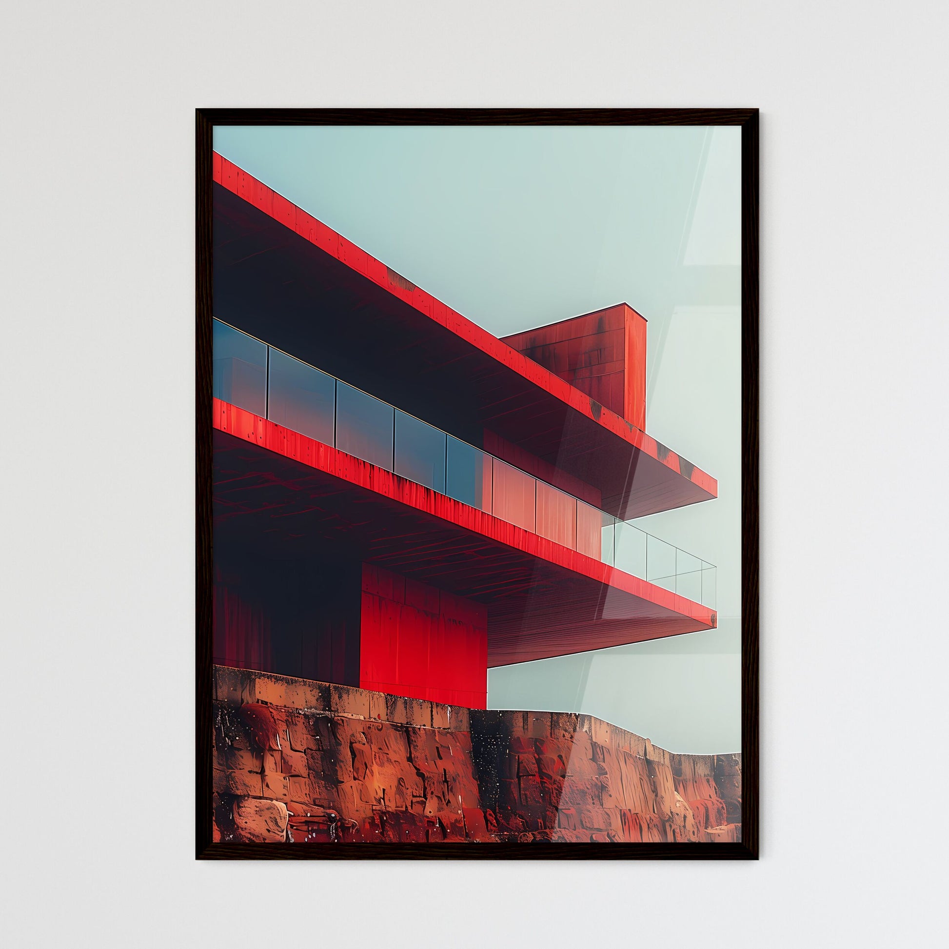 Minimalist Fine Art Architecture Painting Focus on Red Rooftop with Balcony Vibrant Pantone Color Default Title