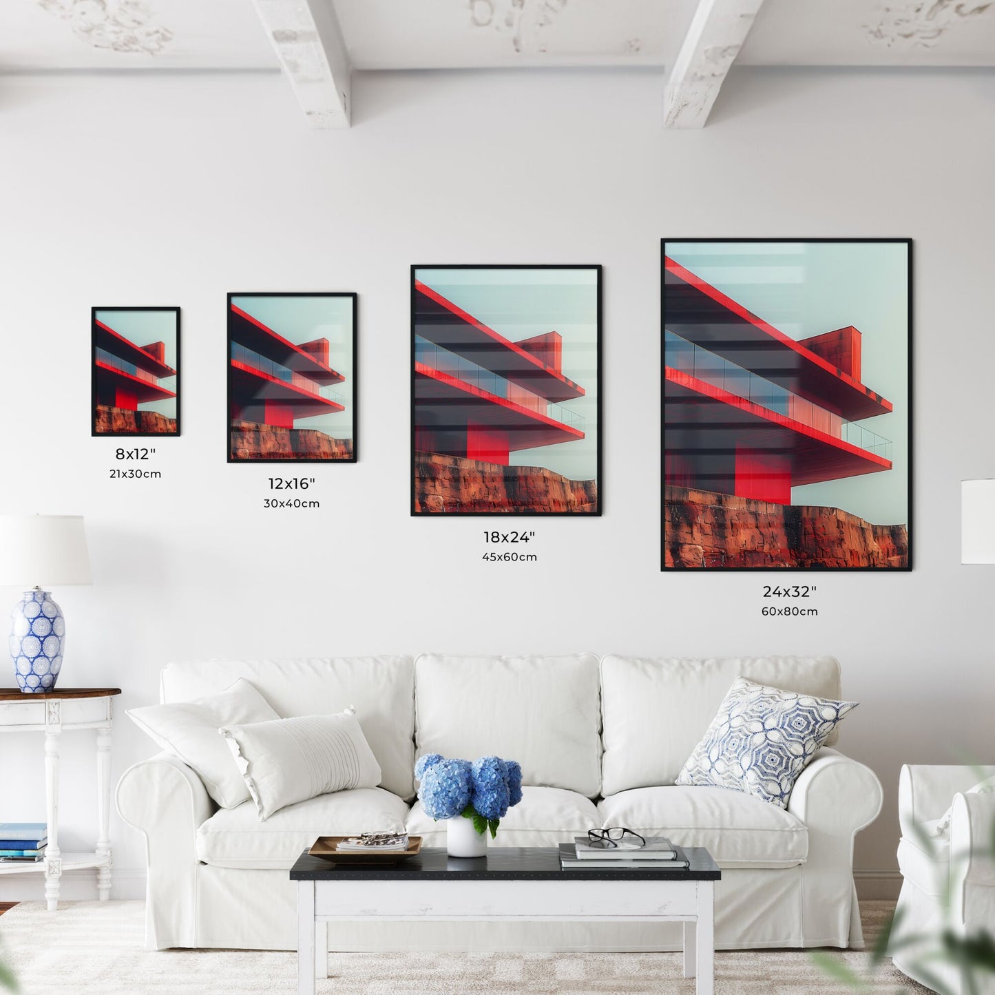 Minimalist Fine Art Architecture Painting Focus on Red Rooftop with Balcony Vibrant Pantone Color Default Title