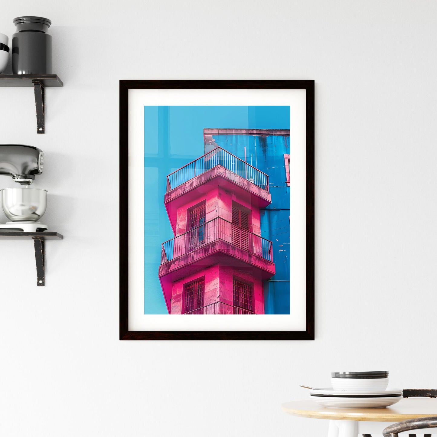 Minimalist architectural art photography featuring a blue building with bold pink paint accents, showcasing the architectural and artistic elements Default Title