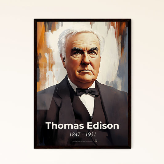 Portrait of Thomas Edison, 1847 - 1931. Impressionistic painting of a man in a suit.