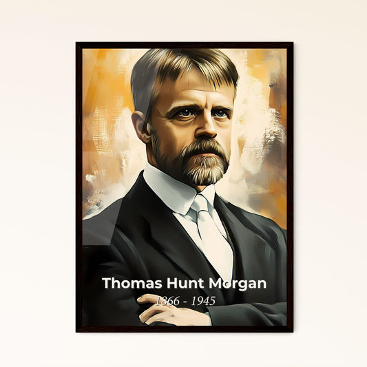 Portrait of Thomas Hunt Morgan, 1866 - 1945. Impressionistic painting of a man with a beard and mustache wearing a suit and tie.