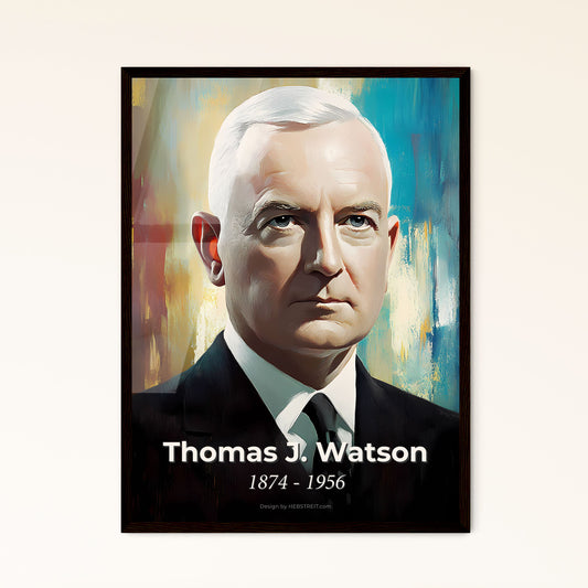 Portrait of Thomas J. Watson, 1874 - 1956. Impressionistic painting of a man in a suit.