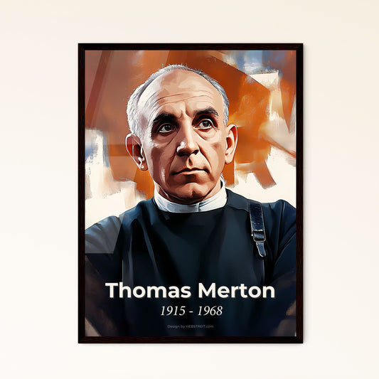 Portrait of Thomas Merton, 1915 - 1968. Impressionistic painting of a man in a black shirt.