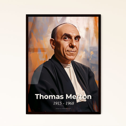 Portrait of Thomas Merton, 1915 - 1968. Impressionistic painting of a man in a black robe.