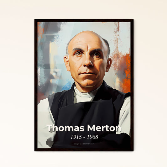 Portrait of Thomas Merton, 1915 - 1968. Impressionistic painting of a man in a black apron.