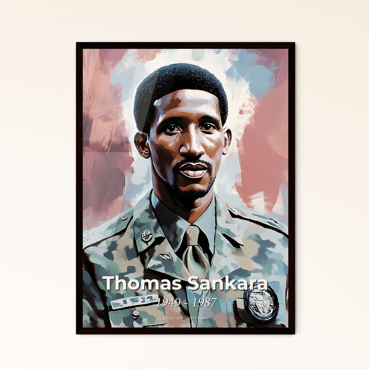 Portrait of Thomas Sankara, 1949 - 1987. Impressionistic painting of a man in a military uniform.