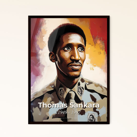 Portrait of Thomas Sankara, 1949 - 1987. Impressionistic painting of a man in a military uniform.