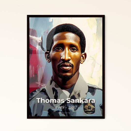 Portrait of Thomas Sankara, 1949 - 1987. Impressionistic painting of a man in a military uniform.