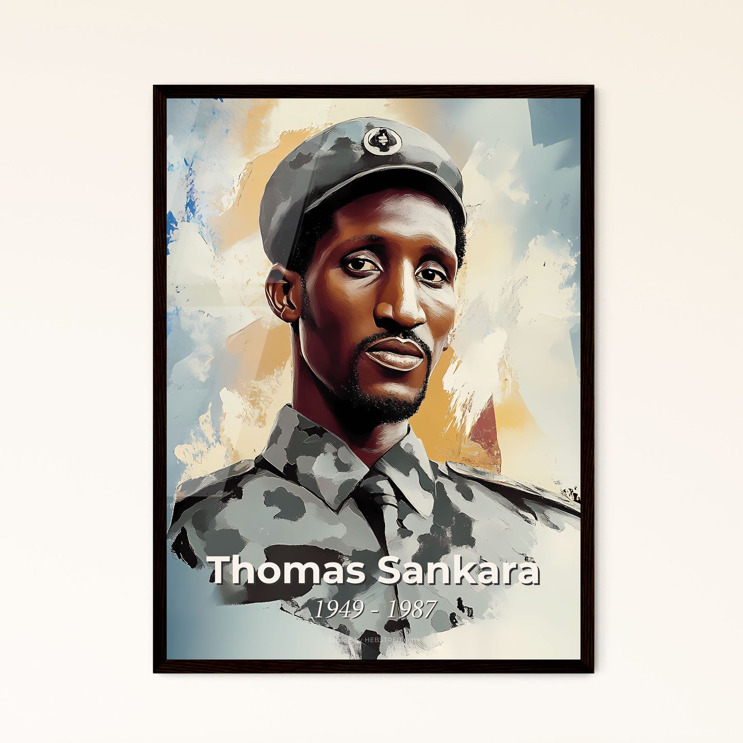 Portrait of Thomas Sankara, 1949 - 1987. Impressionistic painting of a man in a military uniform.