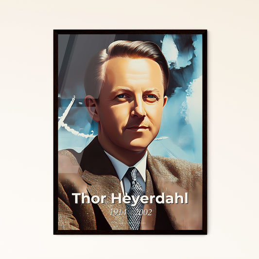 Portrait of Thor Heyerdahl, 1914 - 2002. Impressionistic painting of a man in a suit.