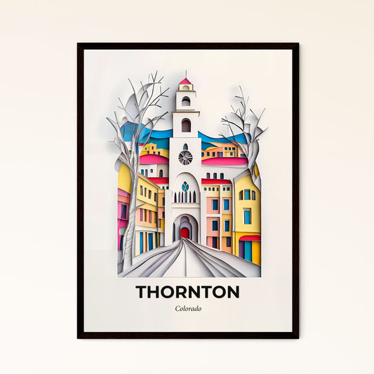 Vivid Thornton, Colorado - a paper cut of a church with a clock tower