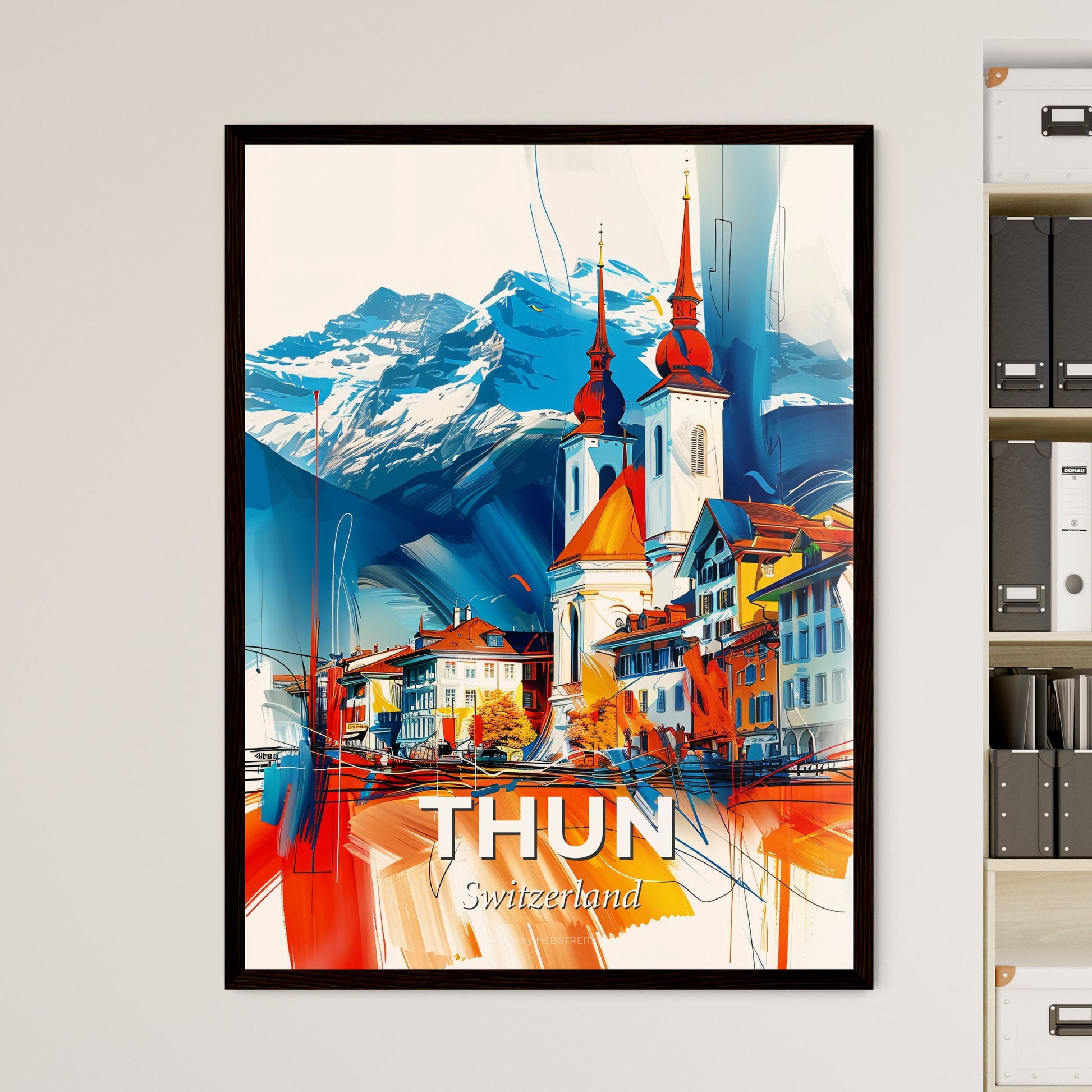 Vibrant Thun, Switzerland - A Painting Of A Town With A Mountain In The Background