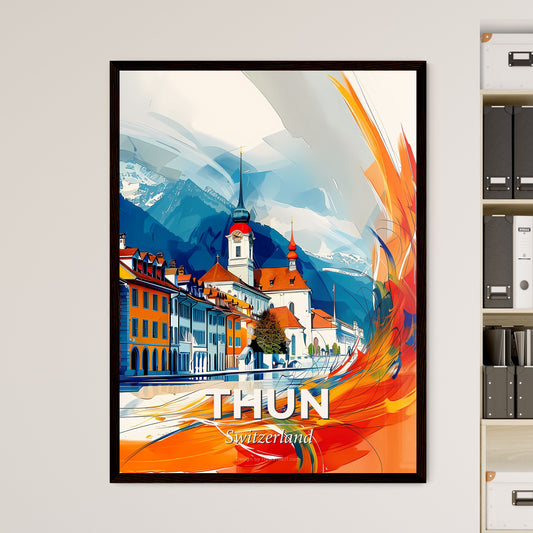 Vibrant Thun, Switzerland - A Colorful Painting Of Buildings And Mountains