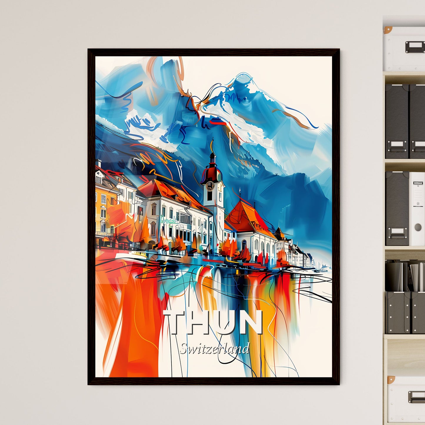 Vibrant Thun, Switzerland - A Painting Of A Town With A Mountain In The Background