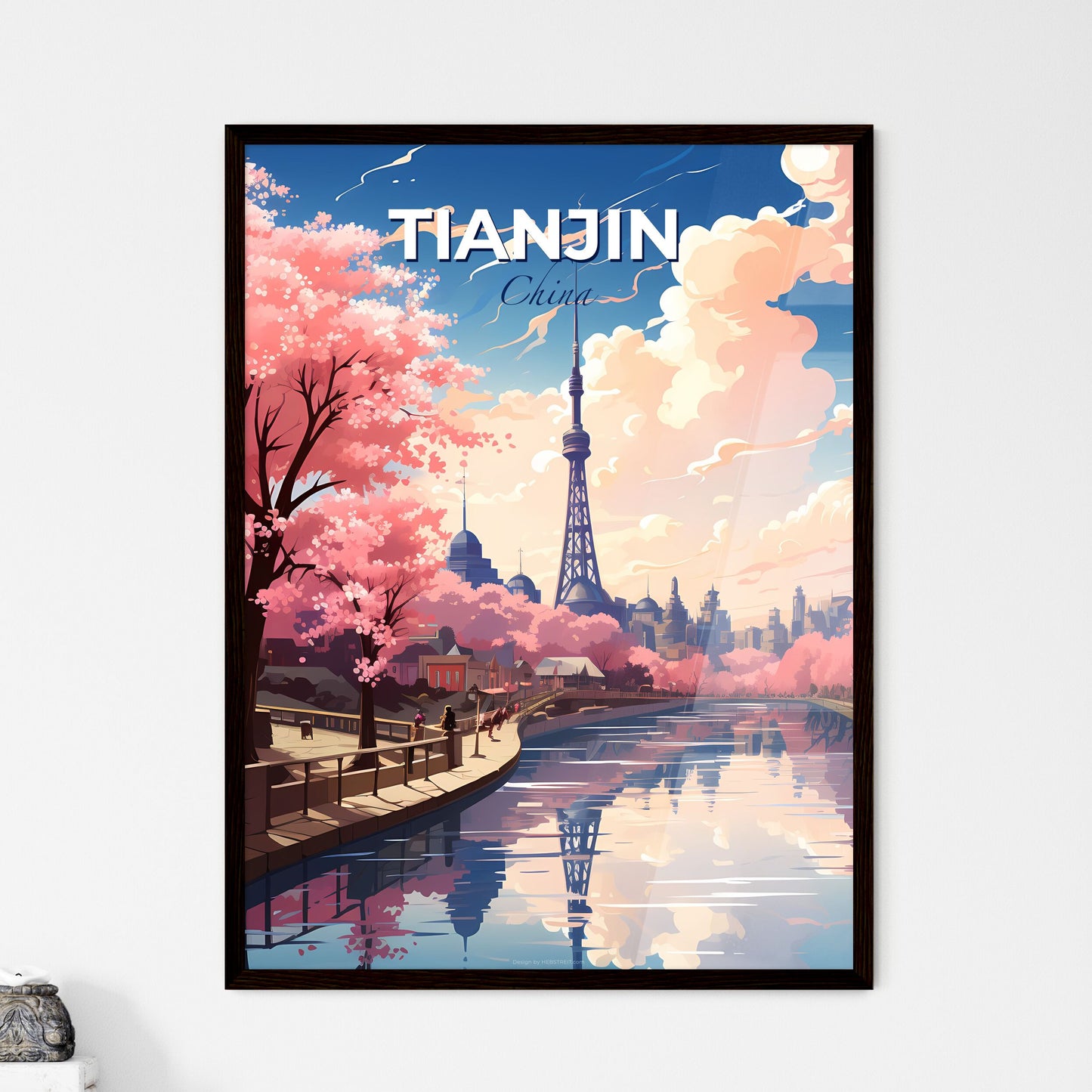 Tianjin China Skyline Canal Painting Pink Trees Tower Cityscape Vibrant Art Default Title