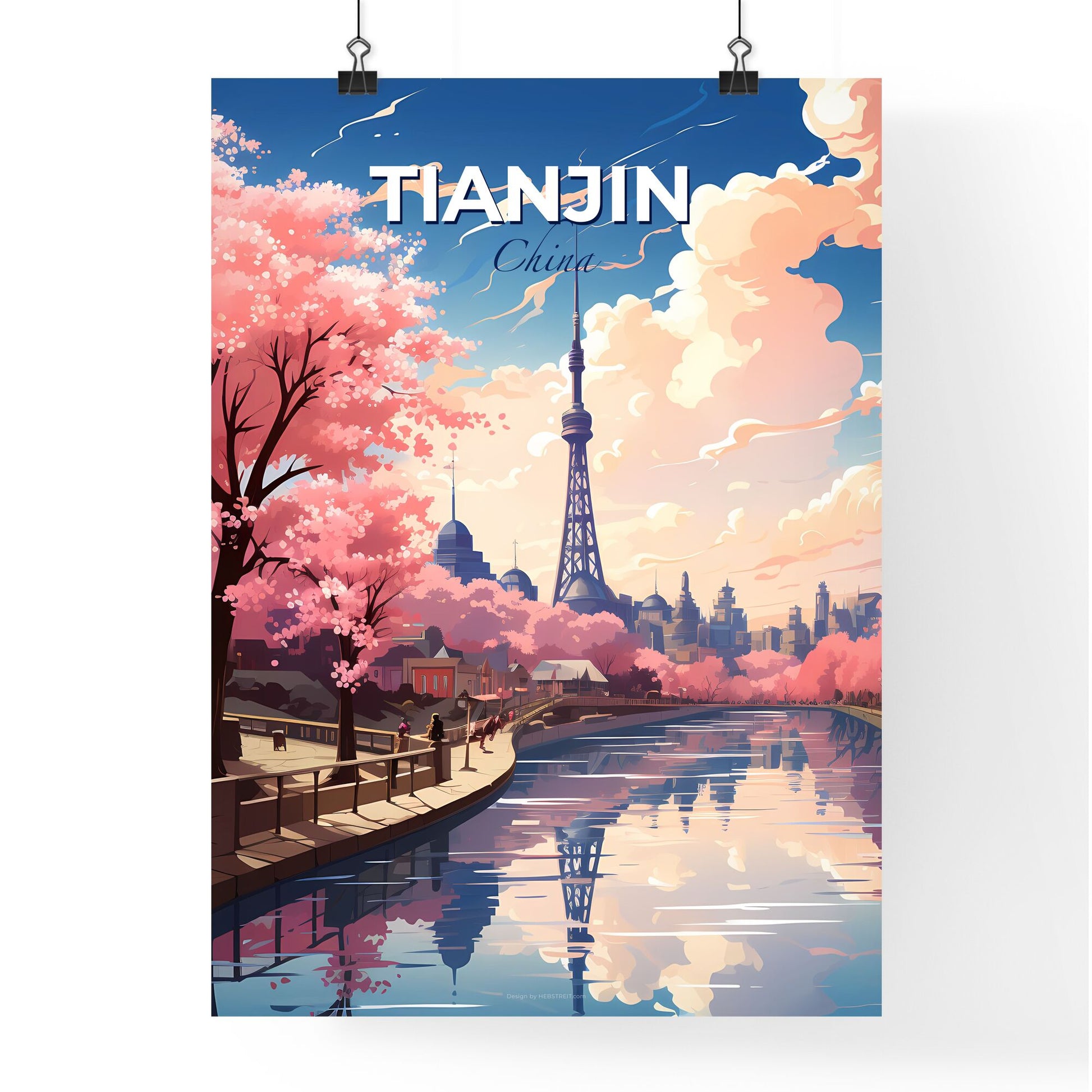 Tianjin China Skyline Canal Painting Pink Trees Tower Cityscape Vibrant Art Default Title