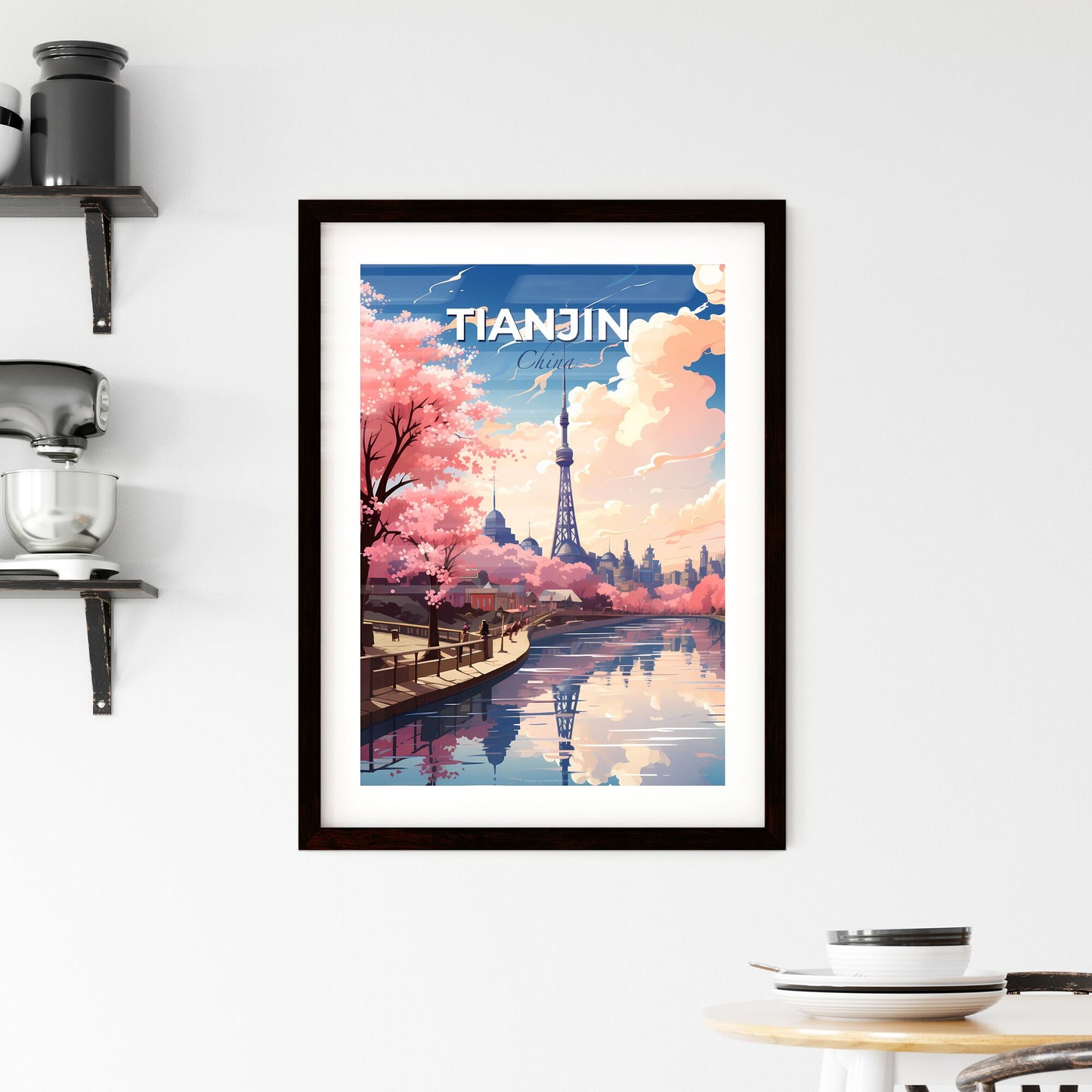 Tianjin China Skyline Canal Painting Pink Trees Tower Cityscape Vibrant Art Default Title