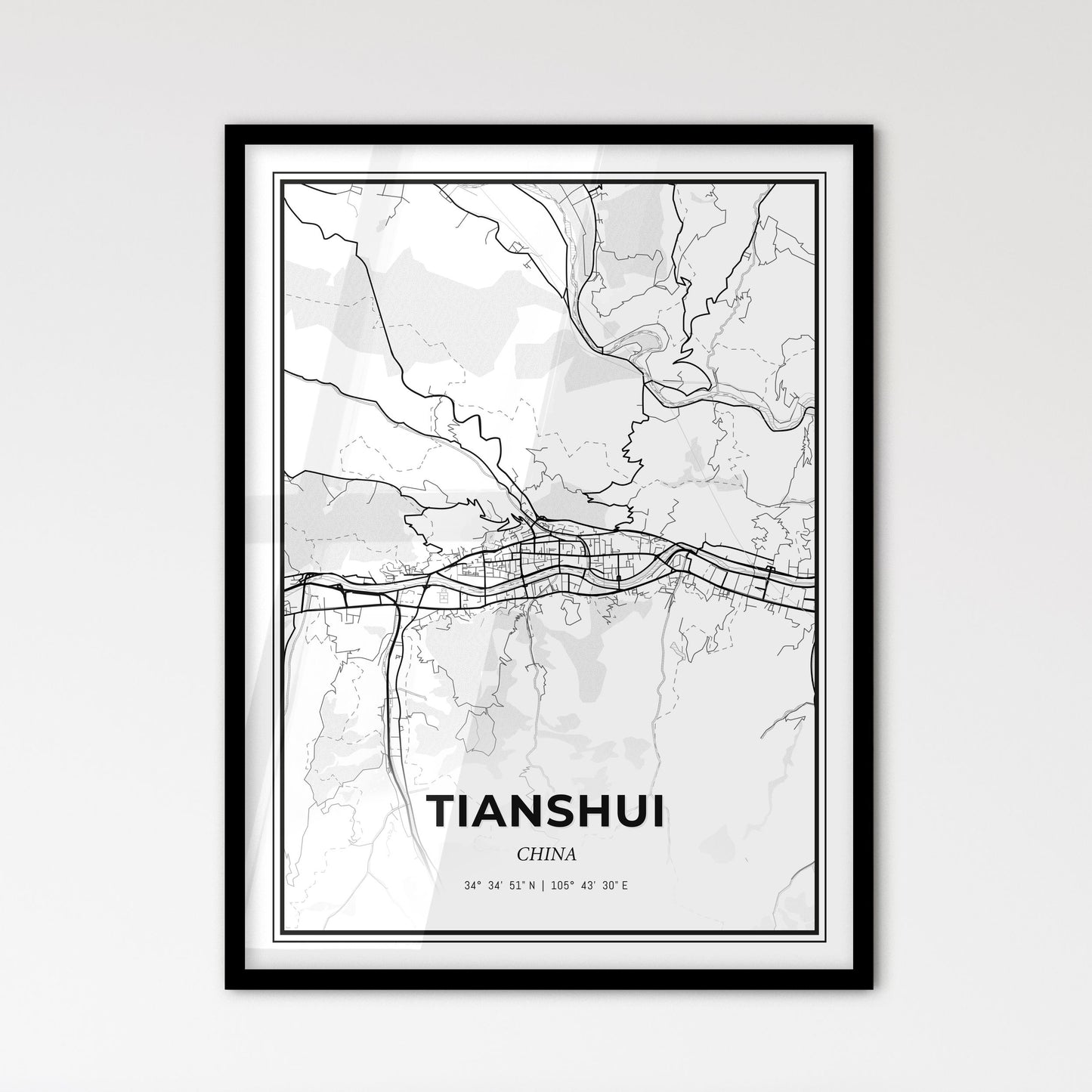 Tianshui China - Scandinavian Style City Map for Modern Home Decor