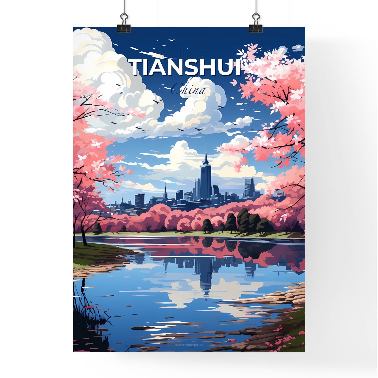 Vibrant Lakefront Painting: Pink Trees and City Skyline of Tianshui, China Default Title