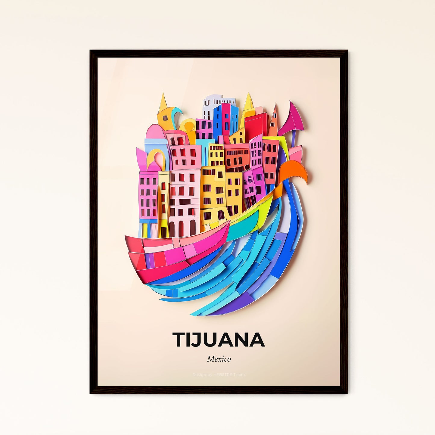 Vivid Tijuana, Mexico - a paper cut of a boat with a city in the background