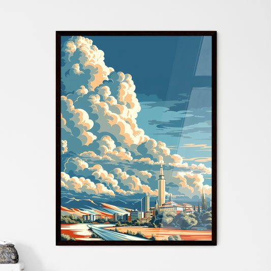 Minimalist Skyline of Albania: Vintage Travel Poster Featuring Vibrant Painting of Cityscapes and Cloud Formations Framed Art