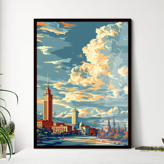 Vintage travel poster of Albania featuring a vibrant cityscape with tall buildings and clouds Default Title
