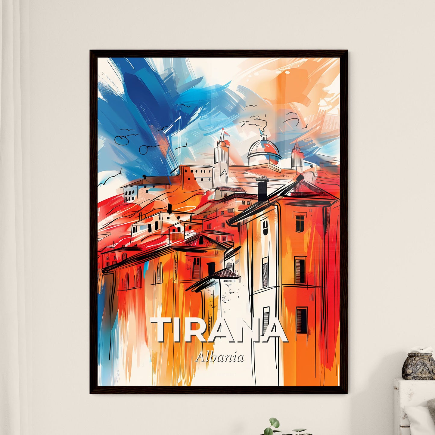 Vibrant Tirana, Albania - A Painting Of Buildings And A Colorful Splash