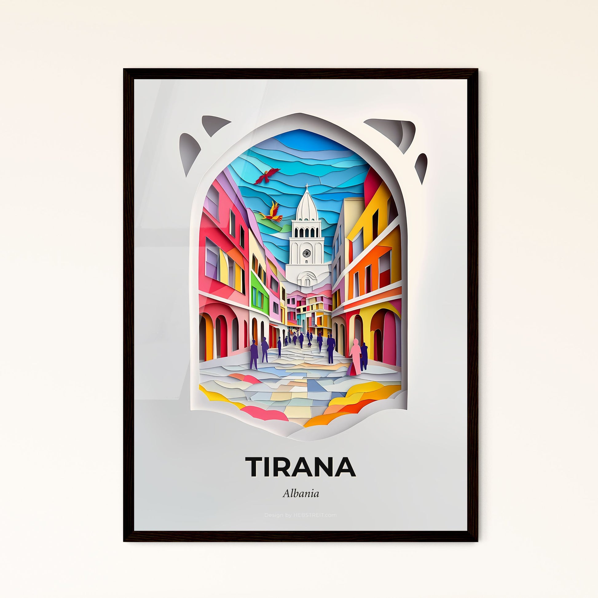 Vivid Tirana, Albania - a paper cut of a city street with a clock tower