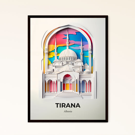 Vivid Tirana, Albania - a paper cut of a mosque with a rainbow sky