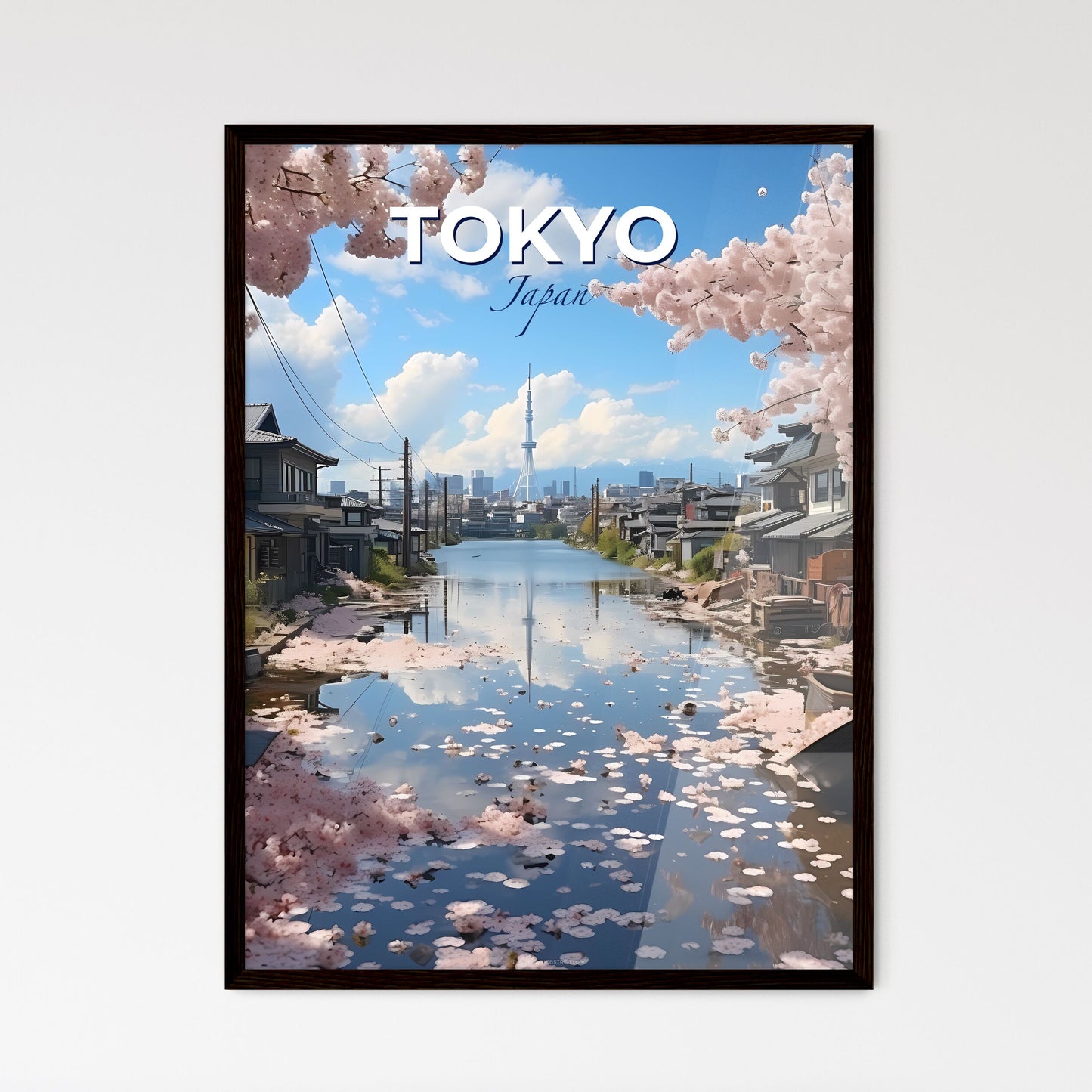 Vibrant Cityscape Painting: Tokyo Skyline with Pink Blossoms River Reflections Default Title