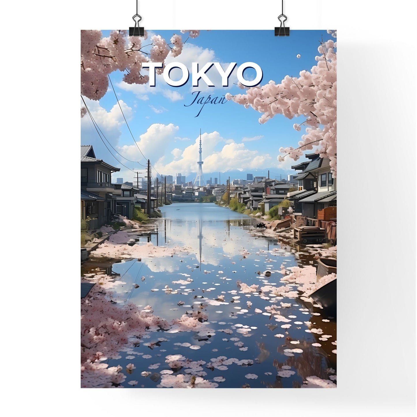 Vibrant Cityscape Painting: Tokyo Skyline with Pink Blossoms River Reflections Default Title