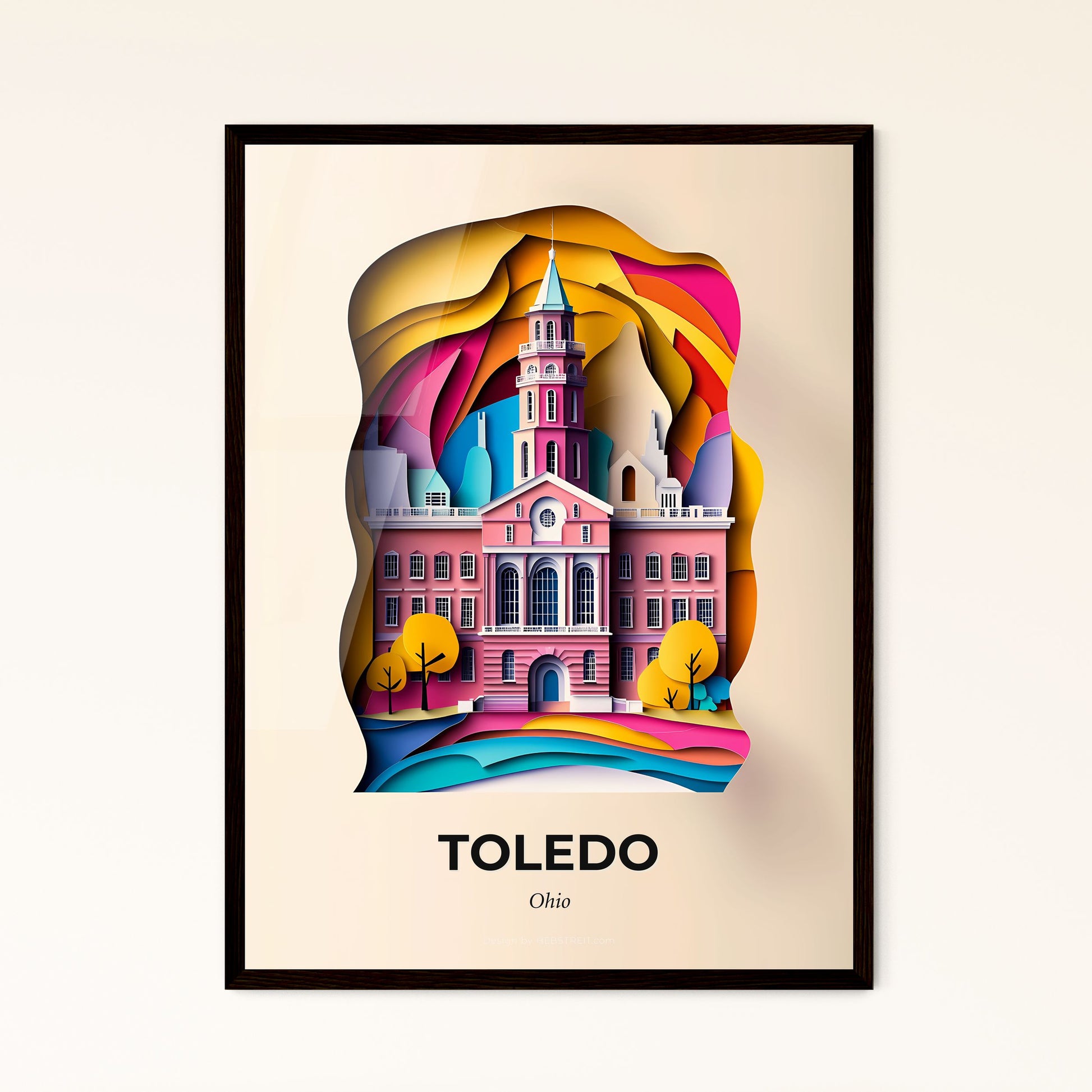 Vivid Toledo, Ohio - a building with a clock tower in a paper cut style