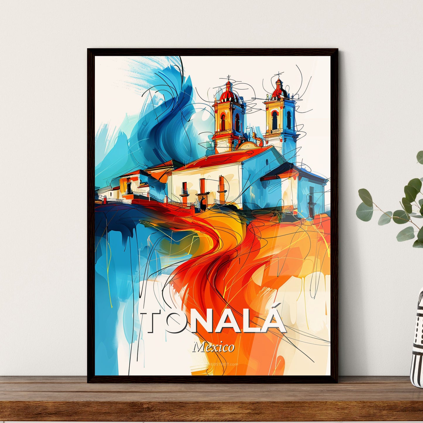 Vibrant Tonalá, Mexico - A Painting Of A Building With Orange And Blue Colors