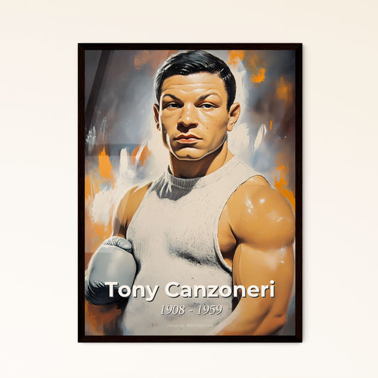 Portrait of Tony Canzoneri, 1908 - 1959. Impressionistic painting of a man wearing boxing gloves.