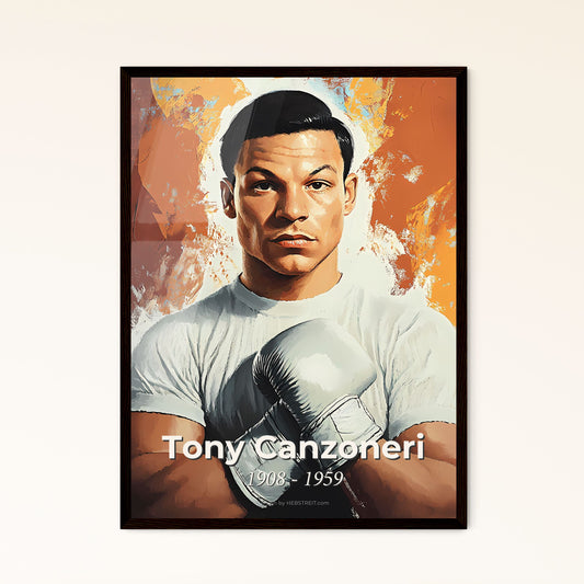 Portrait of Tony Canzoneri, 1908 - 1959. Impressionistic painting of a man wearing boxing gloves.